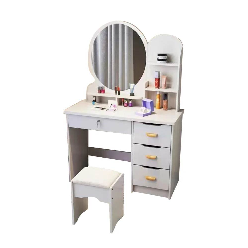 LIVARA 70/80CM Length Round Mirror Dressing Table With Stool - Image 12