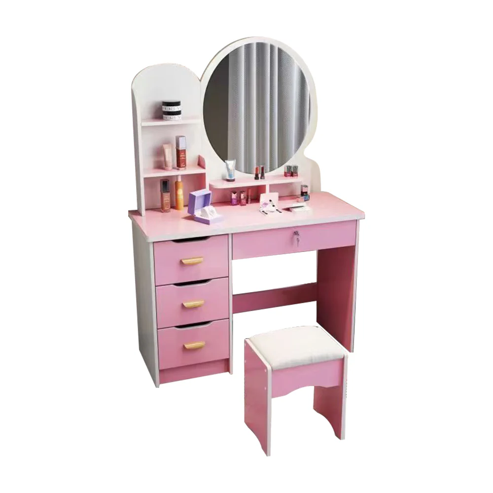 LIVARA 70/80CM Length Round Mirror Dressing Table With Stool - Image 15