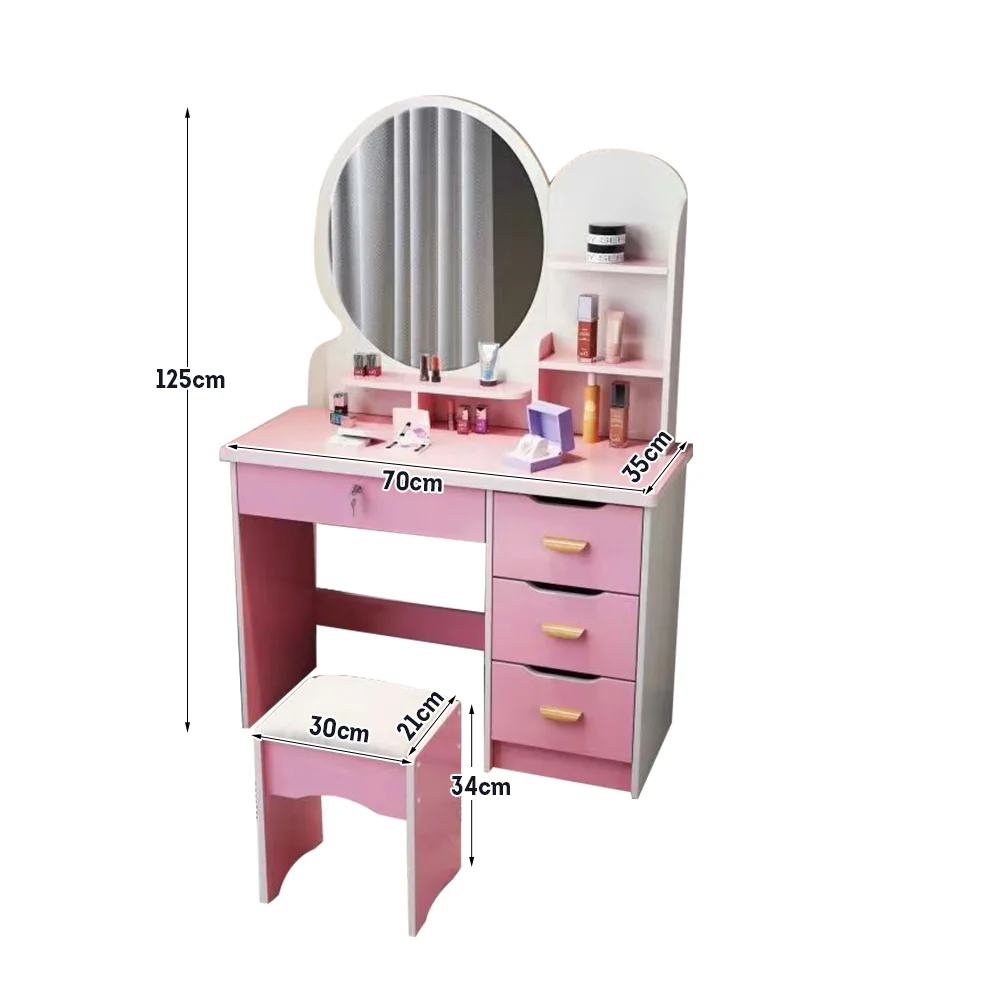 LIVARA 70/80CM Length Round Mirror Dressing Table With Stool - Image 23