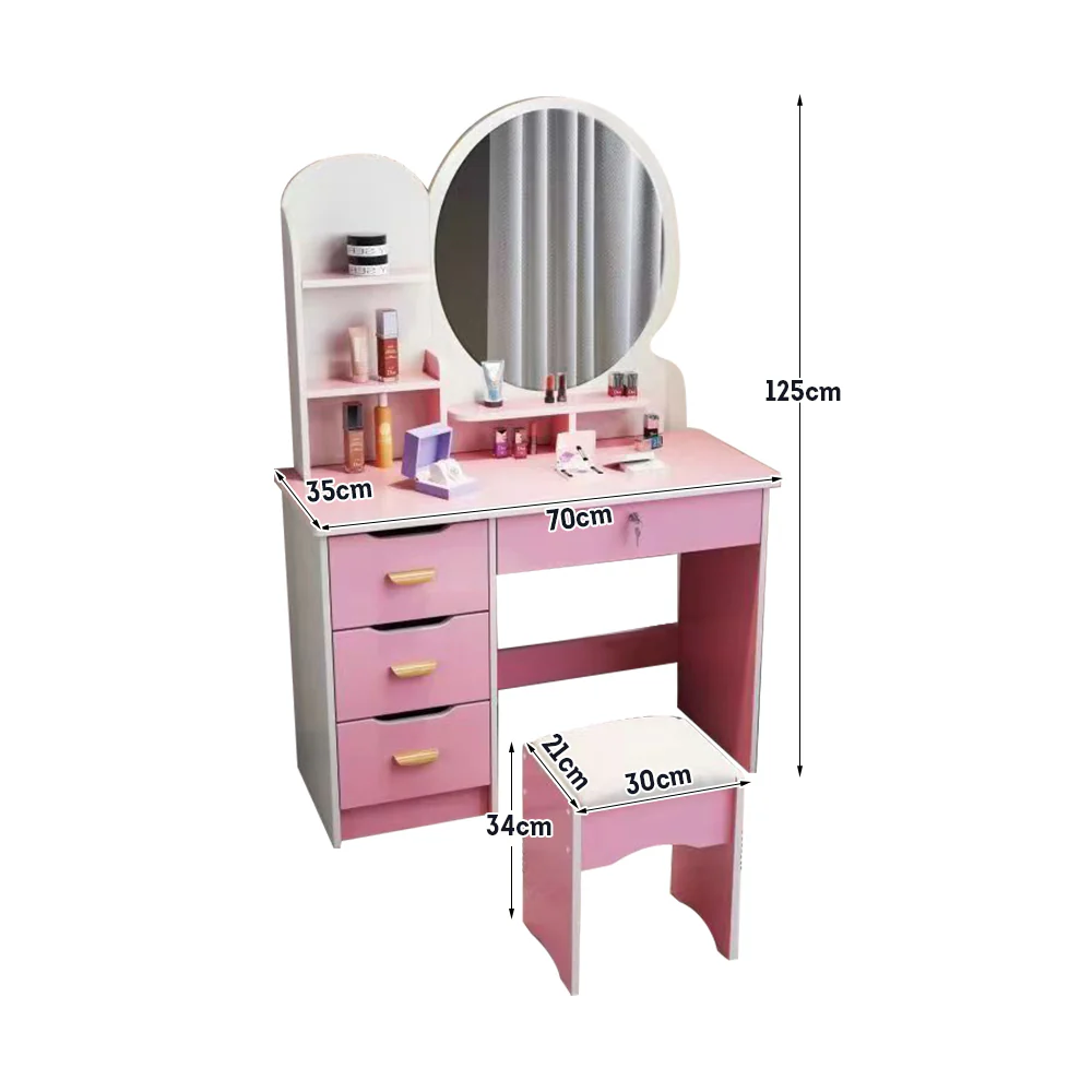 LIVARA 70/80CM Length Round Mirror Dressing Table With Stool - Image 24