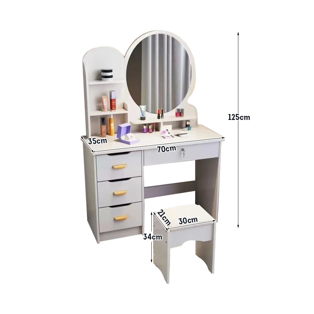 LIVARA 70/80CM Length Round Mirror Dressing Table With Stool - Image 25