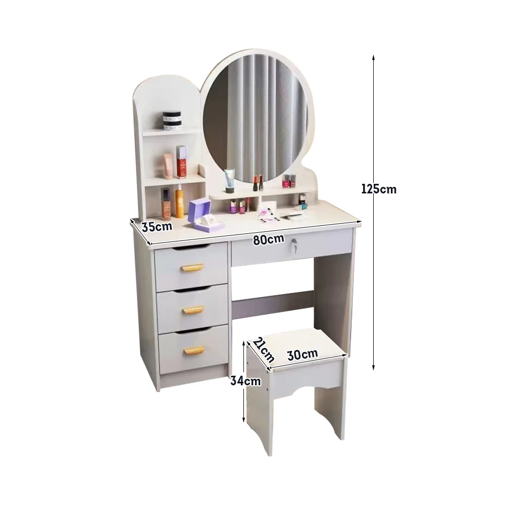 LIVARA 70/80CM Length Round Mirror Dressing Table With Stool - Image 26