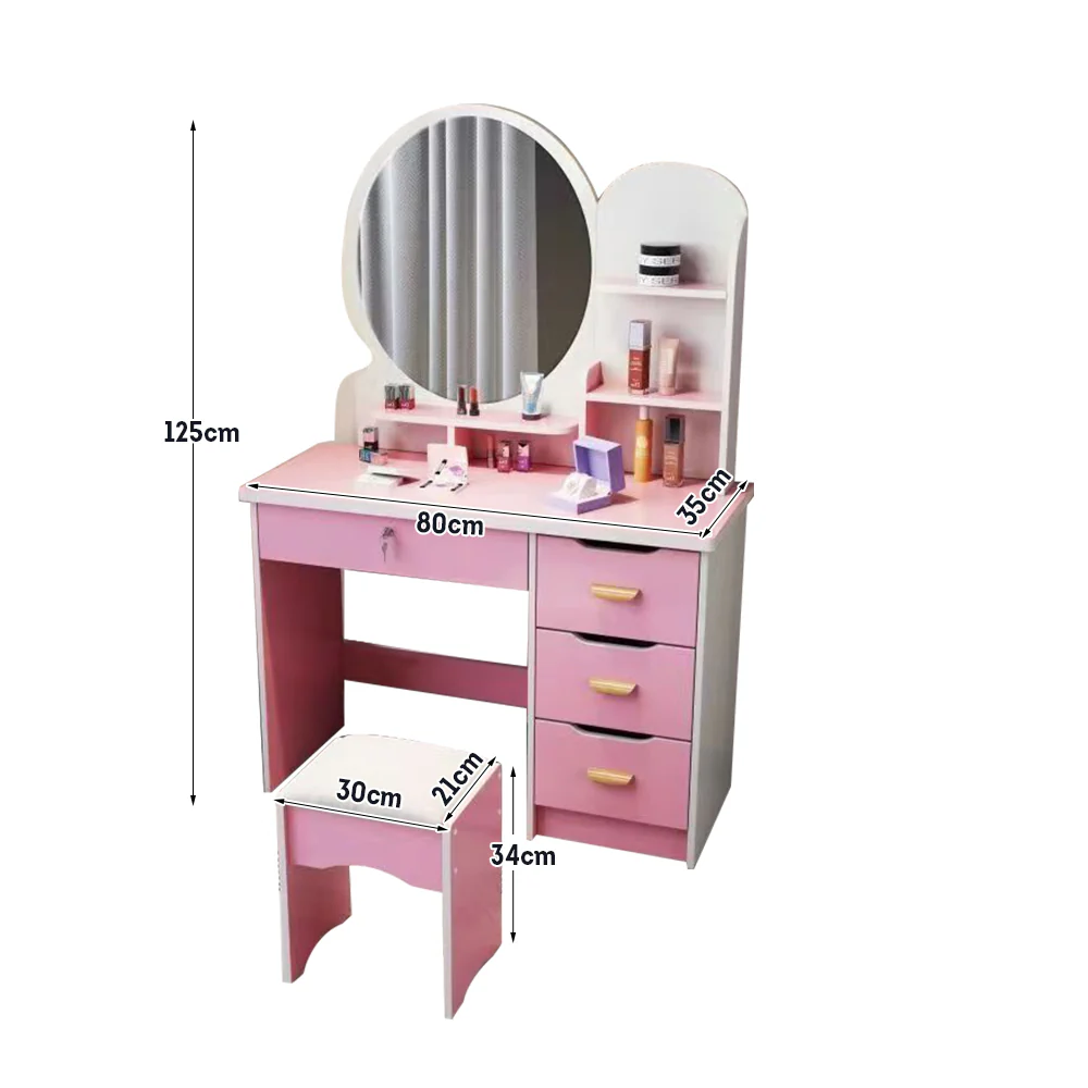 LIVARA 70/80CM Length Round Mirror Dressing Table With Stool - Image 29