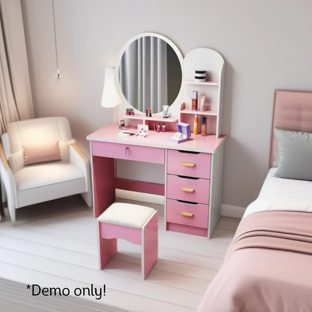 LIVARA 70/80CM Length Round Mirror Dressing Table With Stool - Image 3