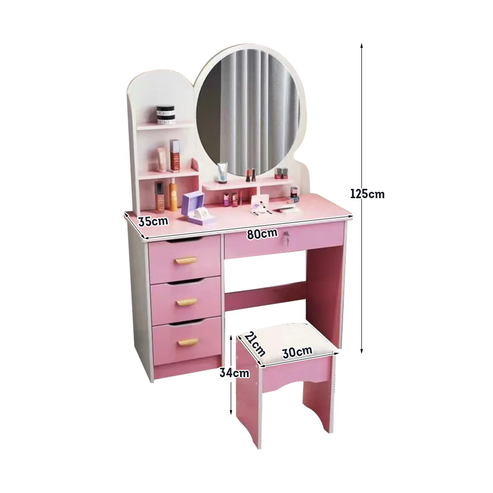 LIVARA 70/80CM Length Round Mirror Dressing Table With Stool - Image 30