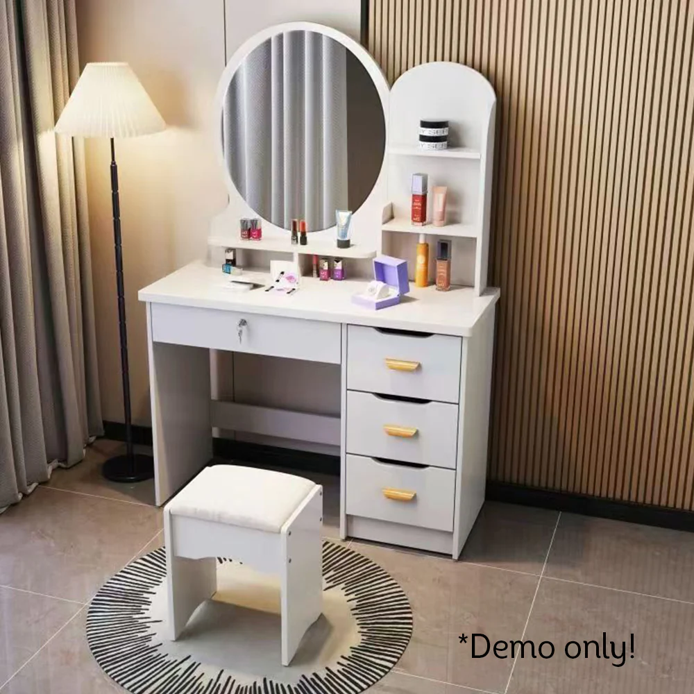 LIVARA 70/80CM Length Round Mirror Dressing Table With Stool - Image 5
