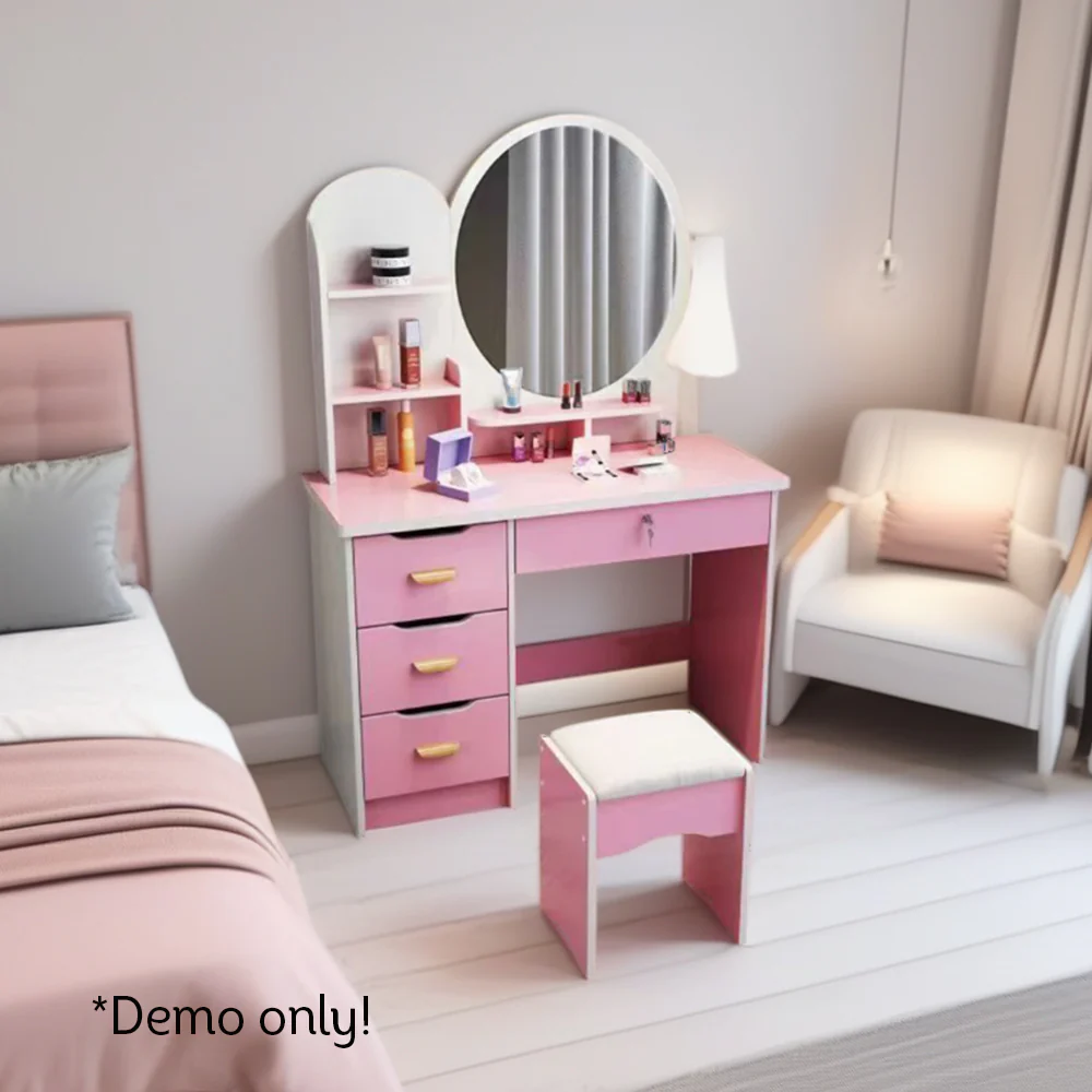 LIVARA 70/80CM Length Round Mirror Dressing Table With Stool - Image 8