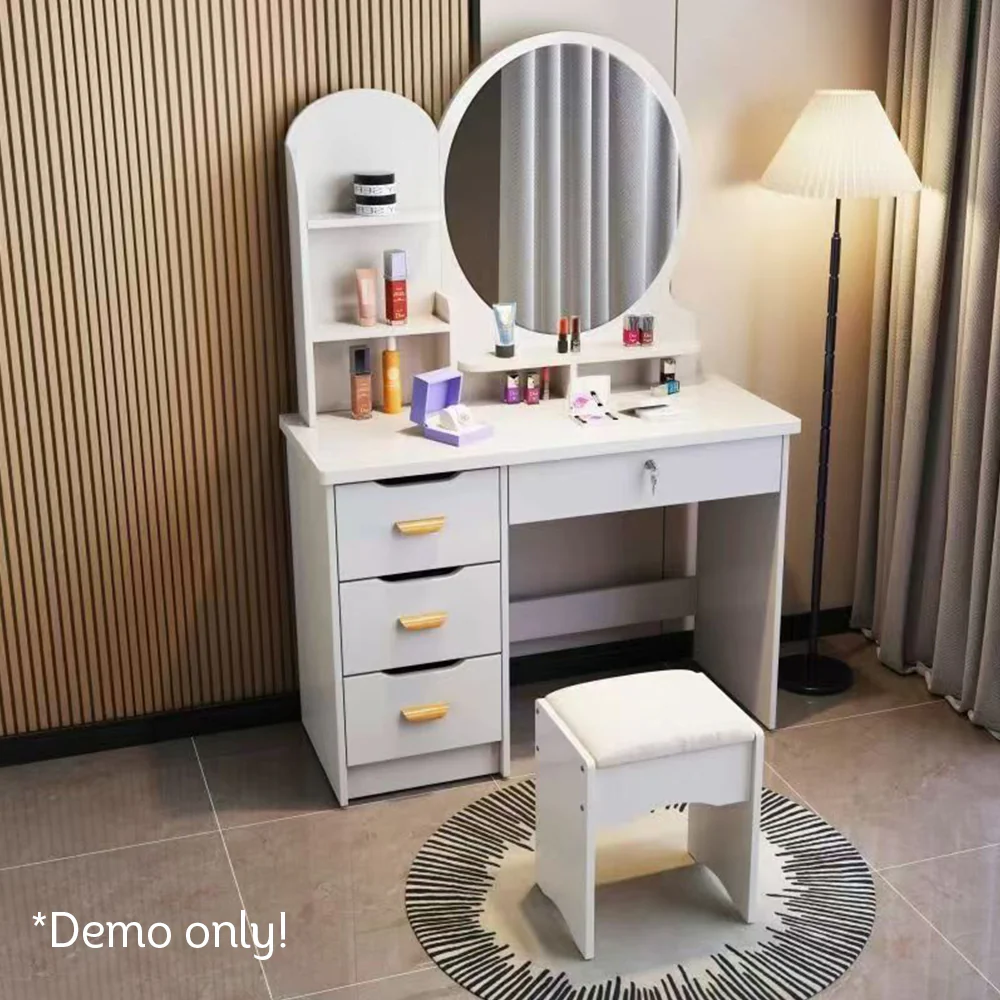 LIVARA 70/80CM Length Round Mirror Dressing Table With Stool - Image 9