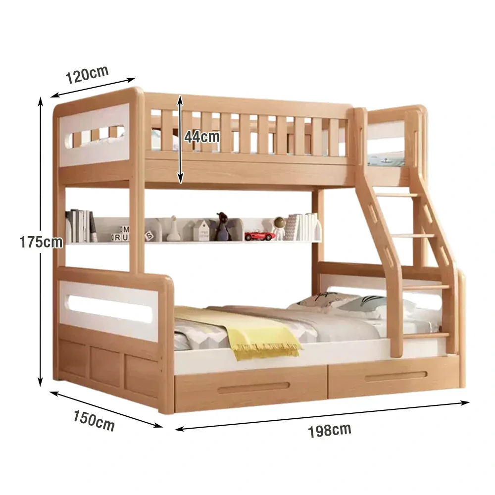 LUXORA Solid Wood Bunk Bed with Dual Drawers & Bookshelf - Lower 150cm, Upper 120cm, Durable Frame with Staircase Ladder - Natural Finish - Image 10