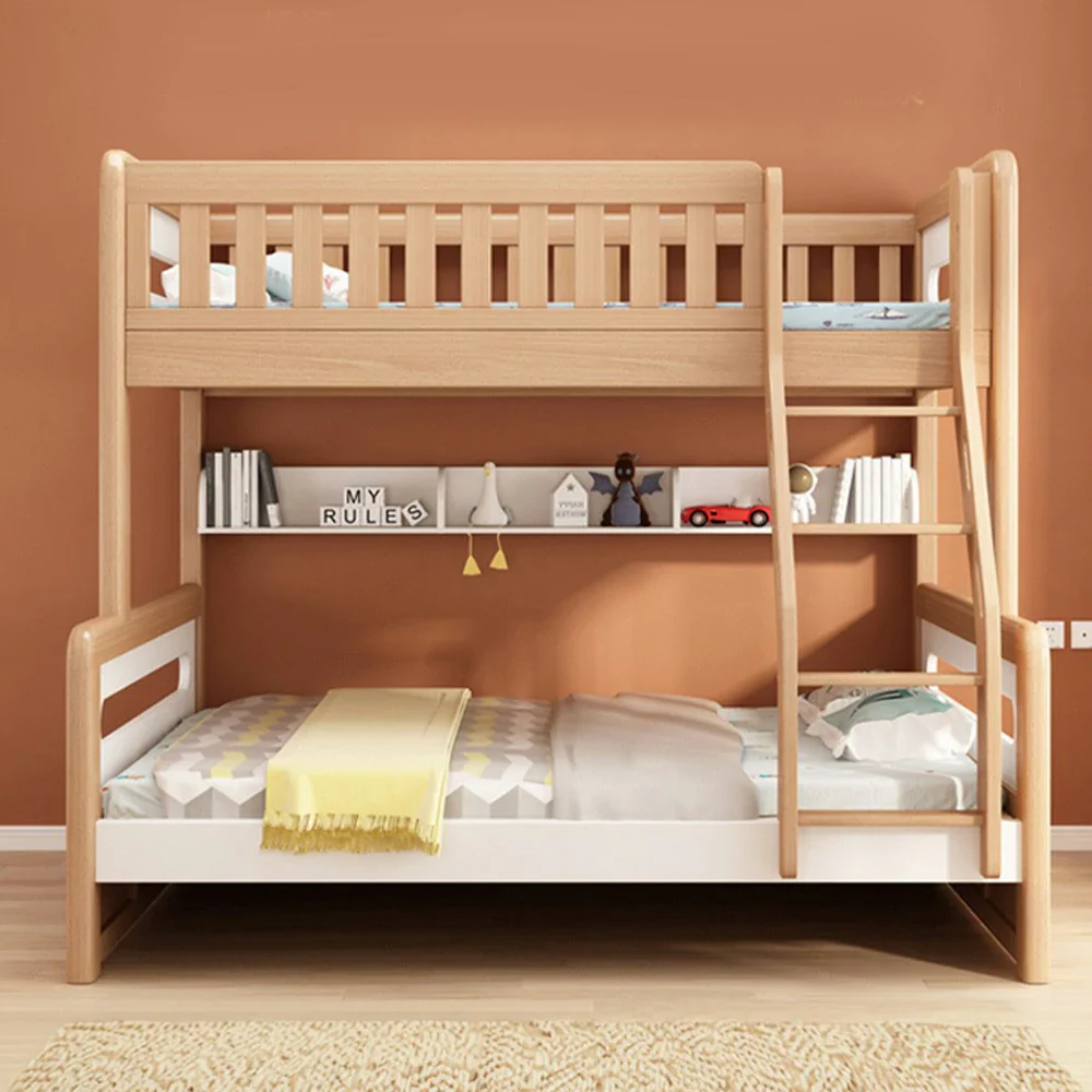 LUXORA Solid Wood Bunk Bed with Dual Drawers & Bookshelf - Lower 150cm, Upper 120cm, Durable Frame with Staircase Ladder - Natural Finish - Image 2