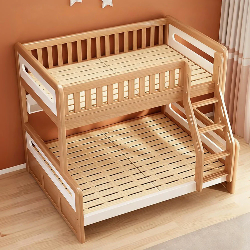 LUXORA Solid Wood Bunk Bed with Dual Drawers & Bookshelf - Lower 150cm, Upper 120cm, Durable Frame with Staircase Ladder - Natural Finish - Image 4