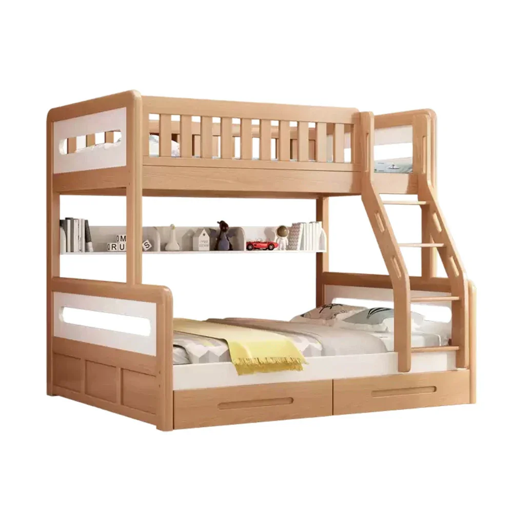 LUXORA Solid Wood Bunk Bed with Dual Drawers & Bookshelf - Lower 150cm, Upper 120cm, Durable Frame with Staircase Ladder - Natural Finish - Image 6