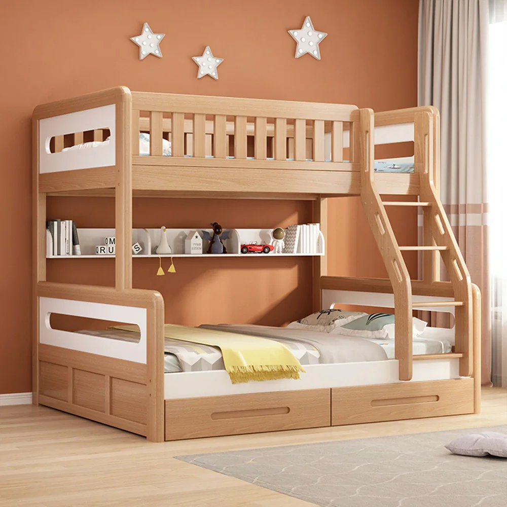 LUXORA Solid Wood Bunk Bed with Dual Drawers & Bookshelf - Lower 150cm, Upper 120cm, Durable Frame with Staircase Ladder - Natural Finish - Image 7