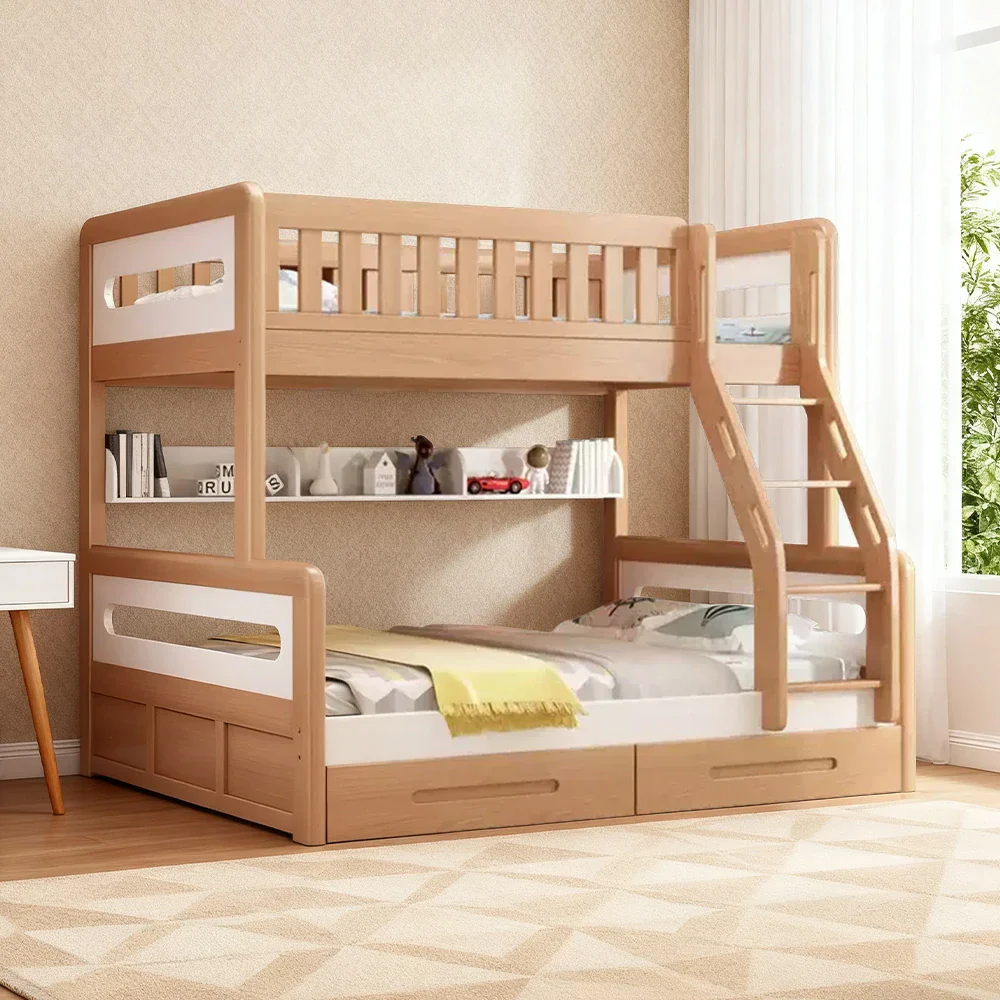 LUXORA Solid Wood Bunk Bed with Dual Drawers & Bookshelf - Lower 150cm, Upper 120cm, Durable Frame with Staircase Ladder - Natural Finish - Image 9
