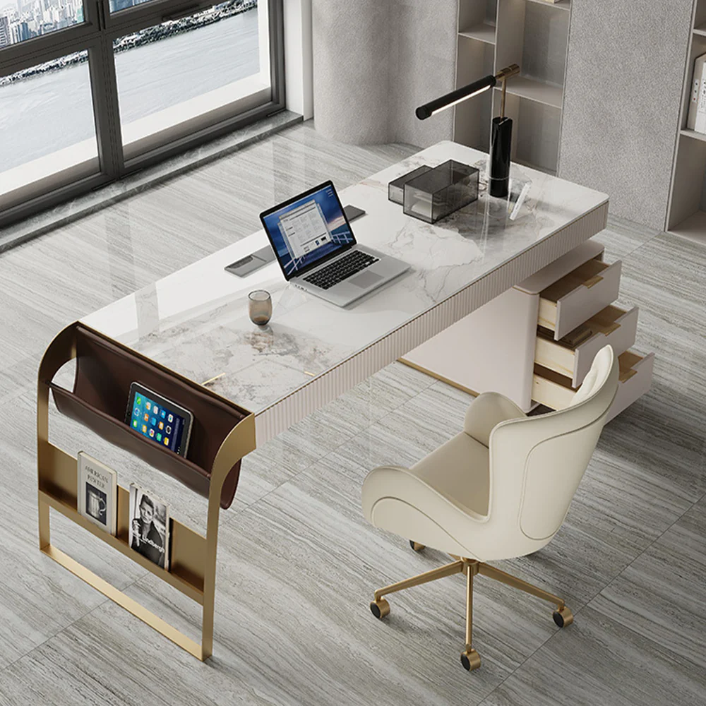 LUXORA WD1020 140cm Length Office Desk With Storage Cabinet Sintered Stone Tabletop - Image 4