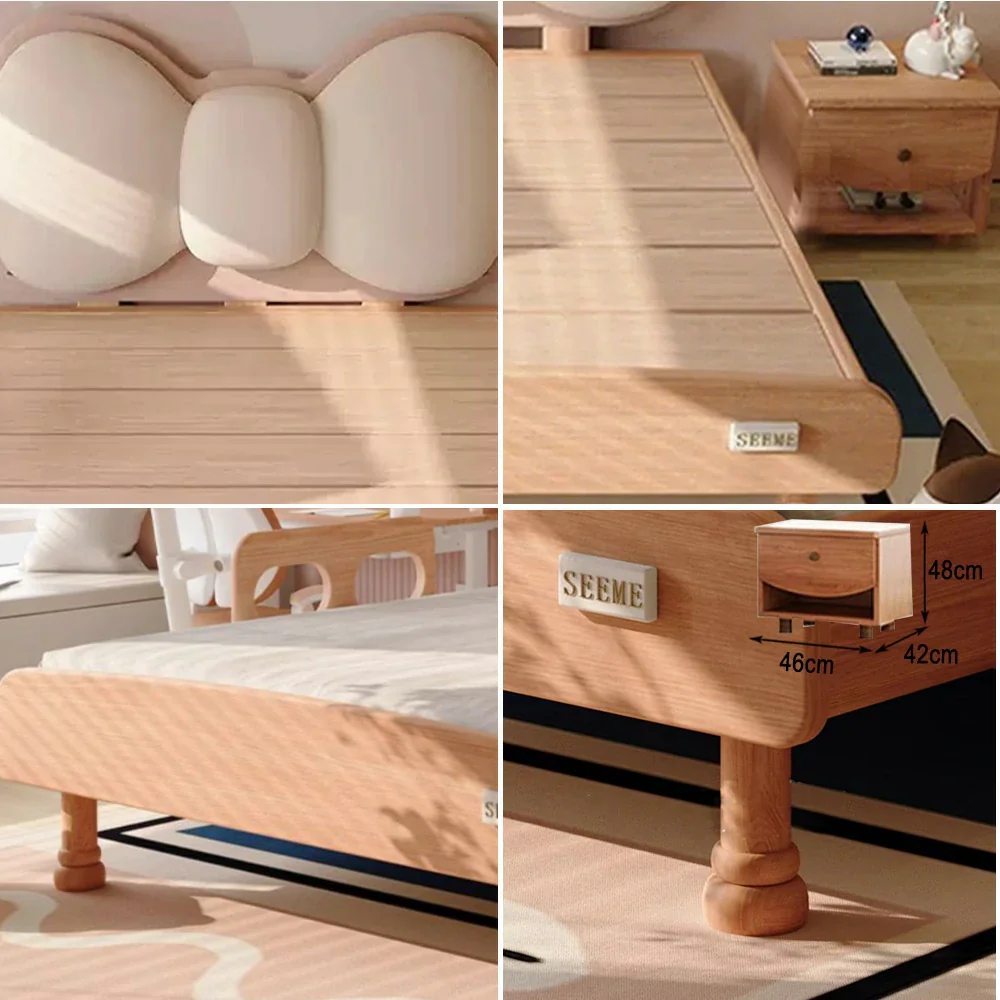 LUXORA 120/135cm Solid Wood Children's Bed Frame with Bow Headboard and Soft Backrest - Image 3