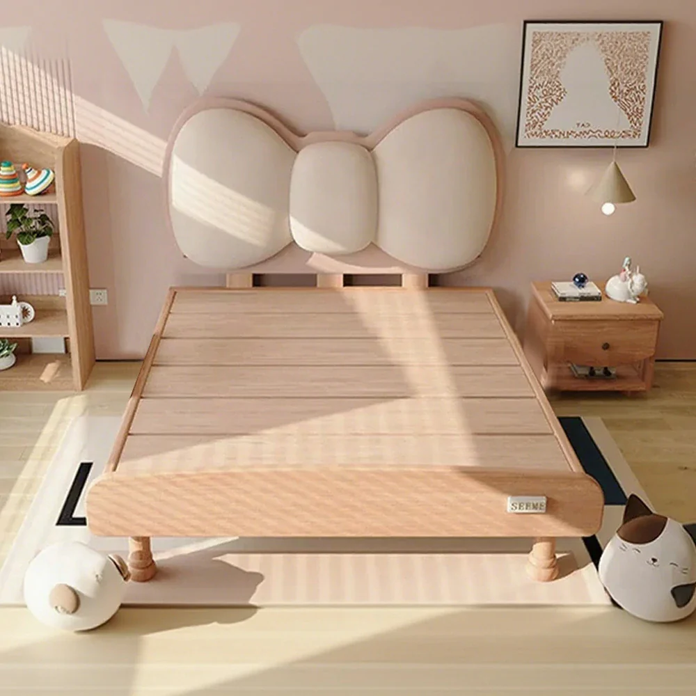 LUXORA 120/135cm Solid Wood Children's Bed Frame with Bow Headboard and Soft Backrest - Image 4