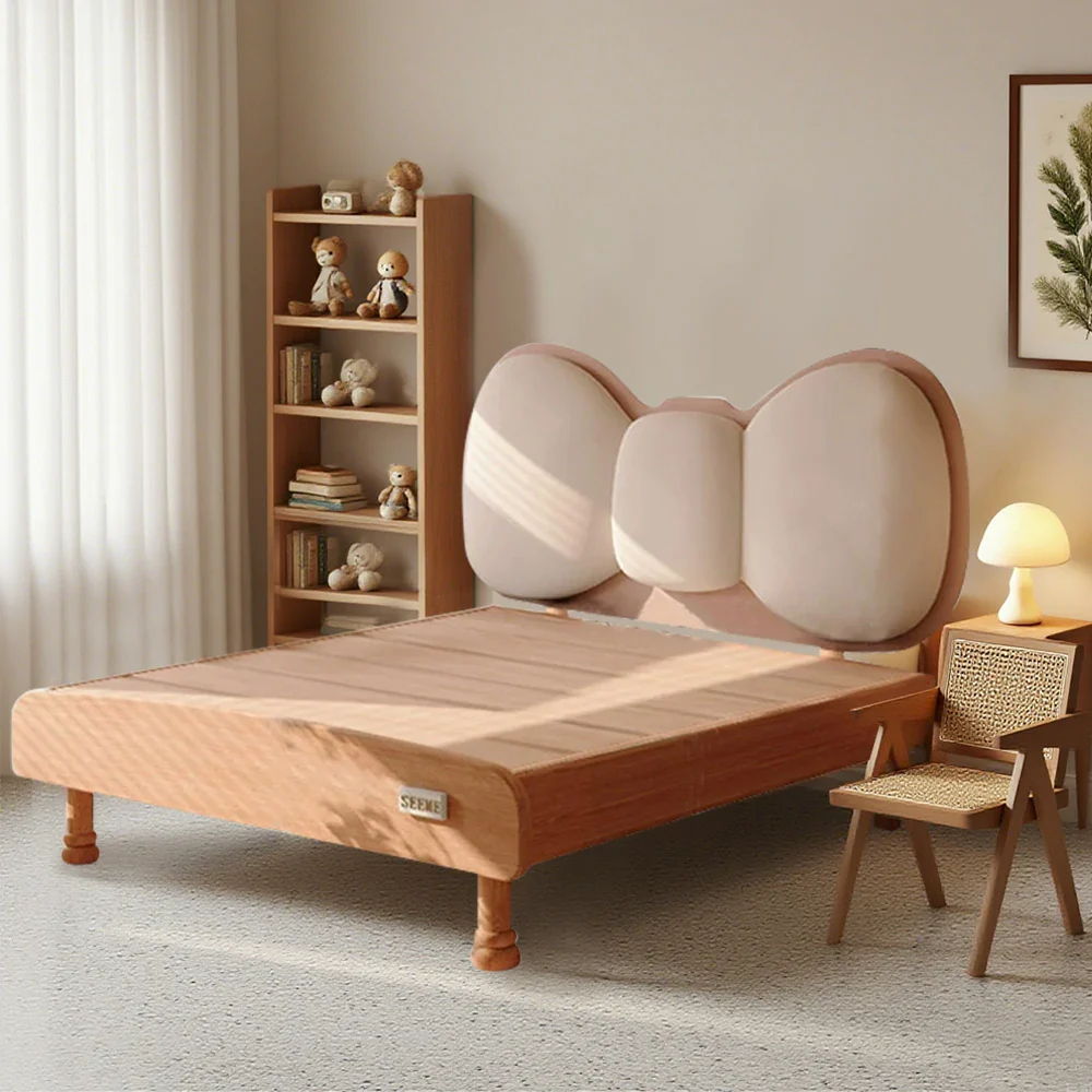 LUXORA 120/135cm Solid Wood Children's Bed Frame with Bow Headboard and Soft Backrest - Image 8