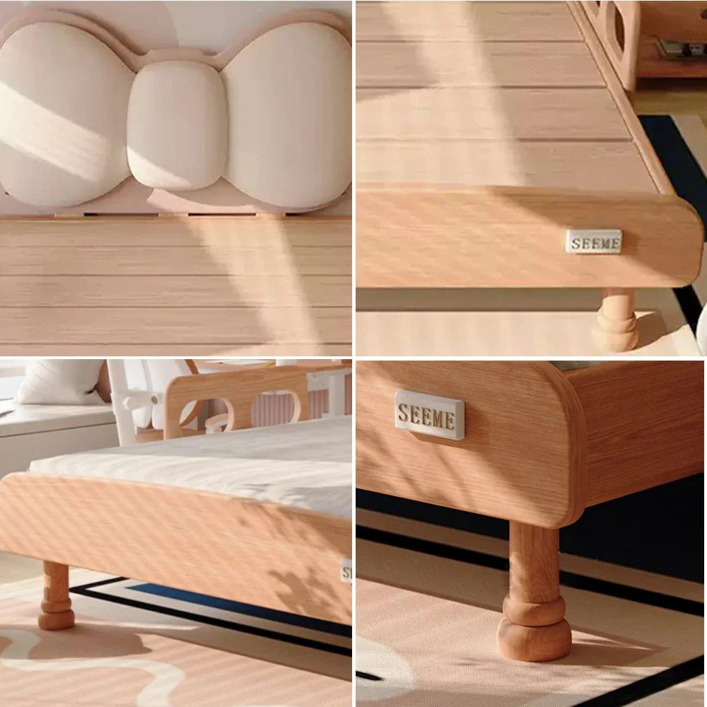 LUXORA 120/135cm Solid Wood Children's Bed Frame with Bow Headboard and Soft Backrest - Image 9