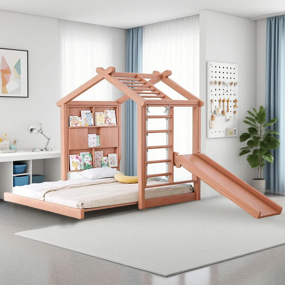 LUXORA 180/200cm Wooden Kids House Bed with Slide-Out Function 3-in-1 Play System Climbing Frame, Picture Book Wall & Slide - Image 4