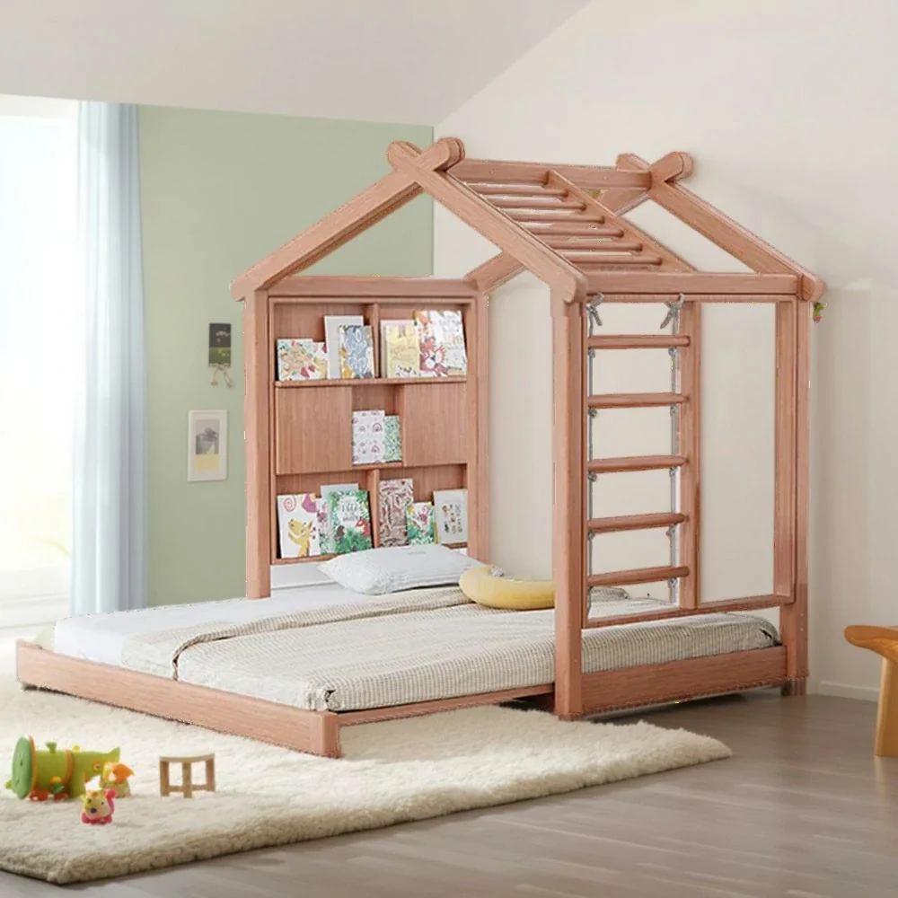 LUXORA 180/200cm Wooden Kids House Bed with Slide-Out Function Play System Climbing Frame, Picture Book Wall - Image 2