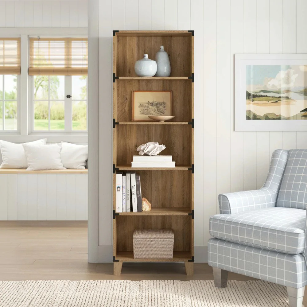 LIVARA 103 5-Tier Bookcase, Rustic Oak Finish, 180cm Tall, Farmhouse Industrial Style, MDF and Laminate Wood Shelf, Metal Corner Accents, Home Office Storage - Image 4