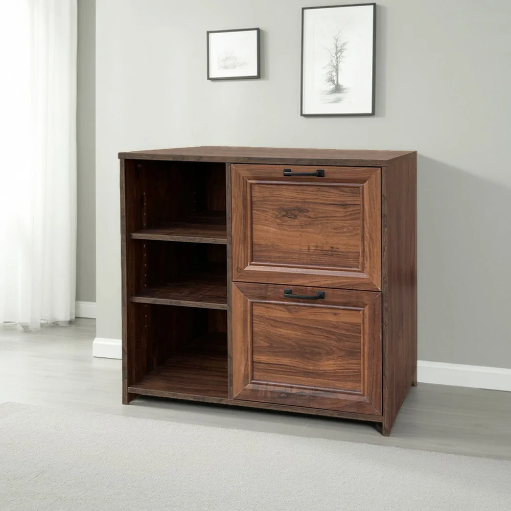 LIVARA 109 Modern Lateral Filing Cabinet, Two Drawers with Hanging Bars, Open Shelves for Storage, Brass Handles, MDF Structure, Home Office Organizer - Walnut - Image 2
