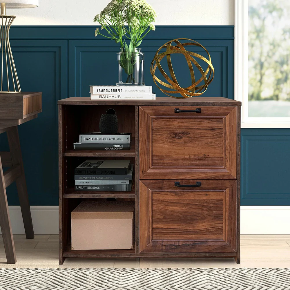 LIVARA 109 Modern Lateral Filing Cabinet, Two Drawers with Hanging Bars, Open Shelves for Storage, Brass Handles, MDF Structure, Home Office Organizer - Walnut - Image 4