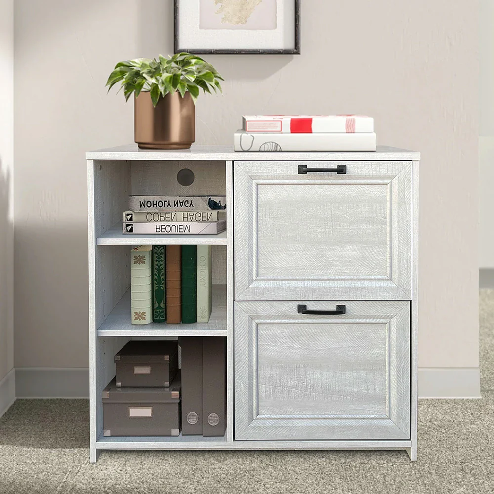 LIVARA 111 Modern Lateral Filing Cabinet, Two Drawers with Hanging Bars, Open Shelves for Storage, Brass Handles, MDF Structure, Home Office Organizer - Grey - Image 4