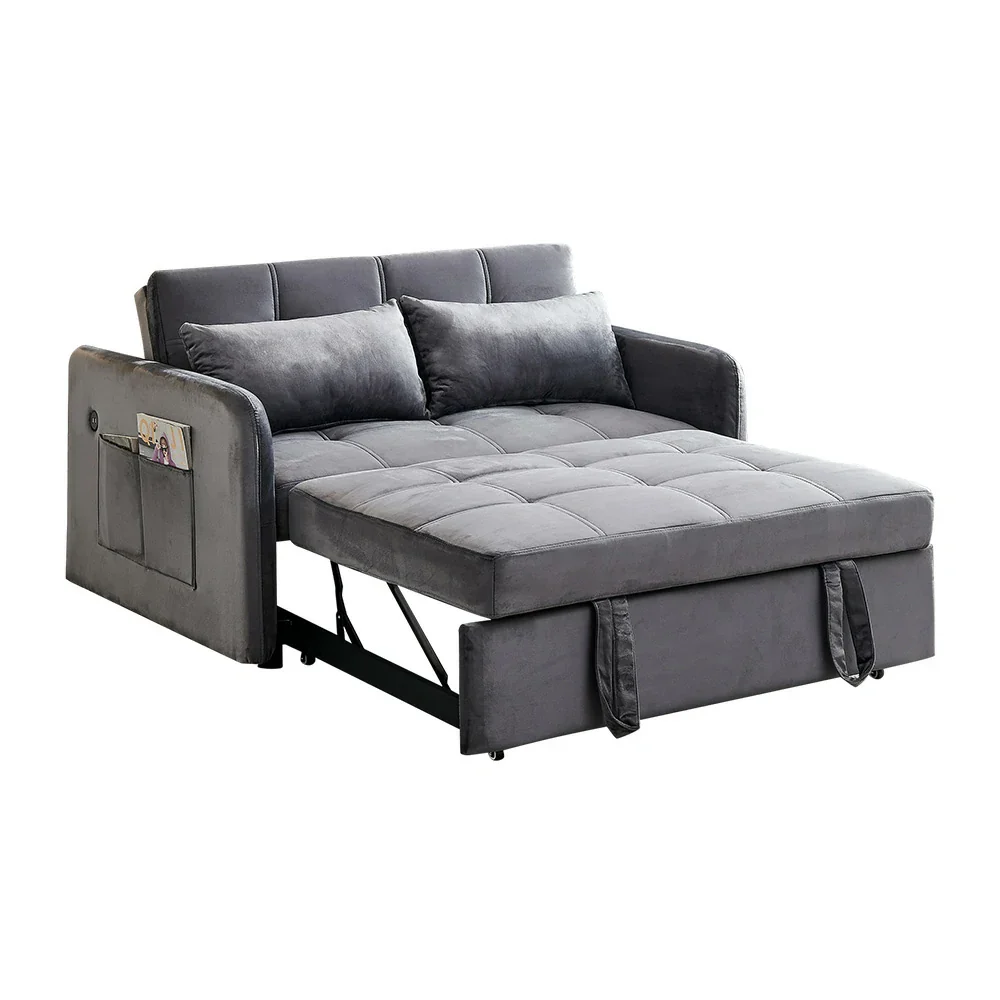 LIVARA 117 Convertible Velvet Sofa Bed, Adjustable Backrest, Built-in USB Charging Port, Twin Size Sleeper, Modern Small-Space Design - Grey