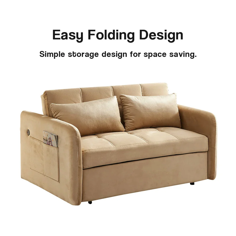 LIVARA 117K Convertible Velvet Sofa Bed, Adjustable Backrest, Built-in USB Charging Port, Twin Size Sleeper, Modern Small-Space Design - Khaki - Image 3