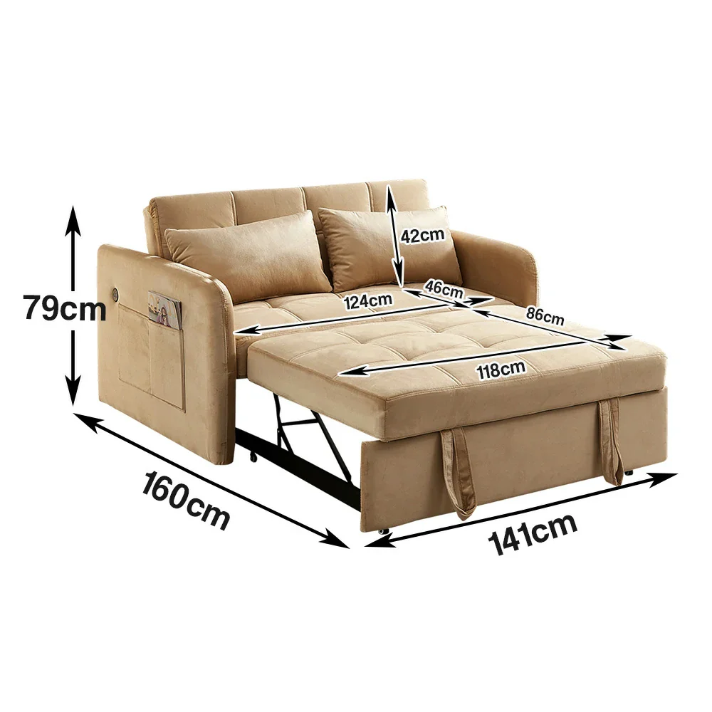 LIVARA 117K Convertible Velvet Sofa Bed, Adjustable Backrest, Built-in USB Charging Port, Twin Size Sleeper, Modern Small-Space Design - Khaki - Image 8