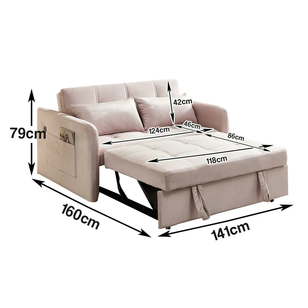 LIVARA 117P Convertible Velvet Sofa Bed, Adjustable Backrest, Built-in USB Charging Port, Twin Size Sleeper, Modern Small-Space Design - Pink - Image 8