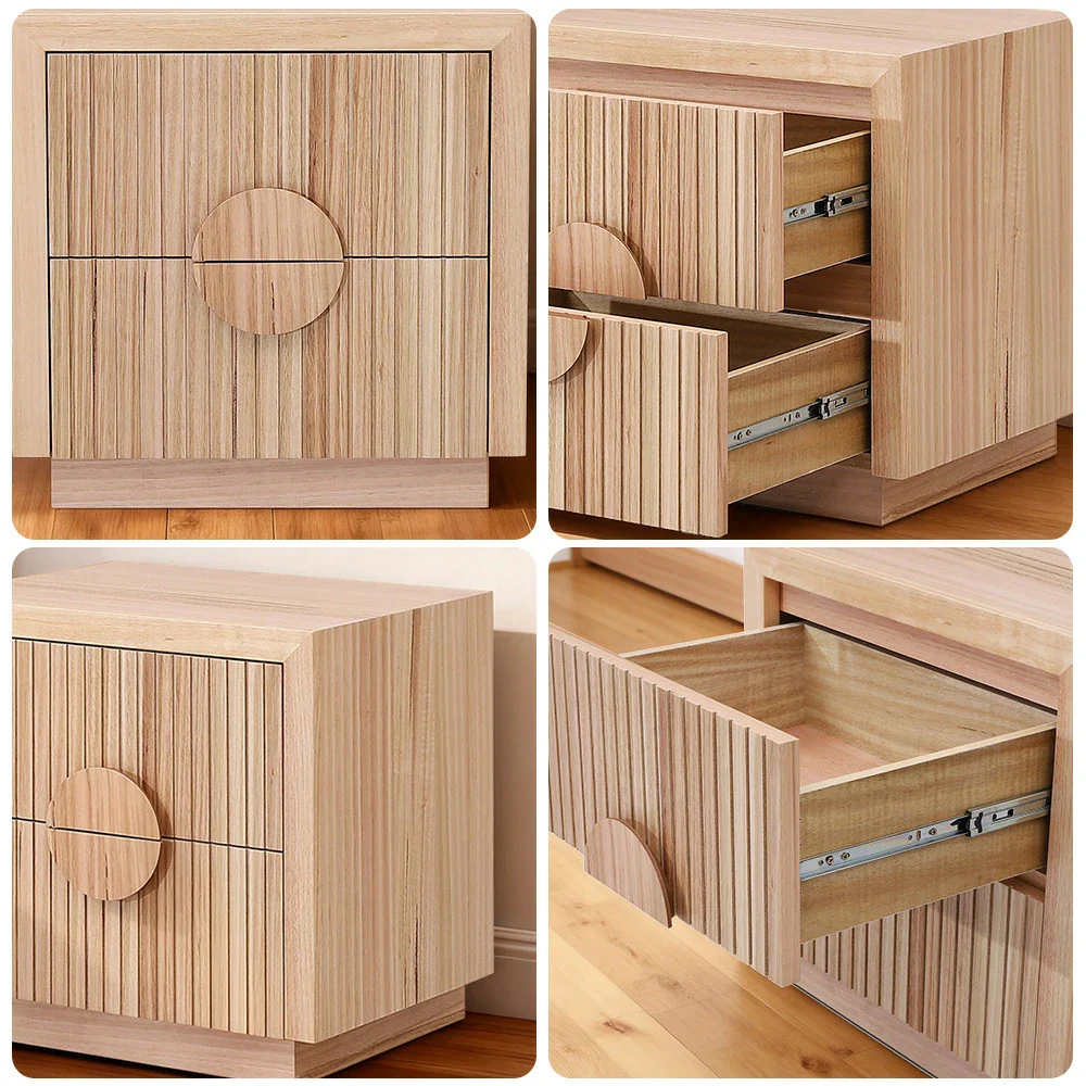 LIVARA 431 Bedside Table Solid & Veneer Ash Wood with Circular Handles Vertical Slats Two Drawers Modern Minimalist Scandinavian Style Natural Finish - Image 3