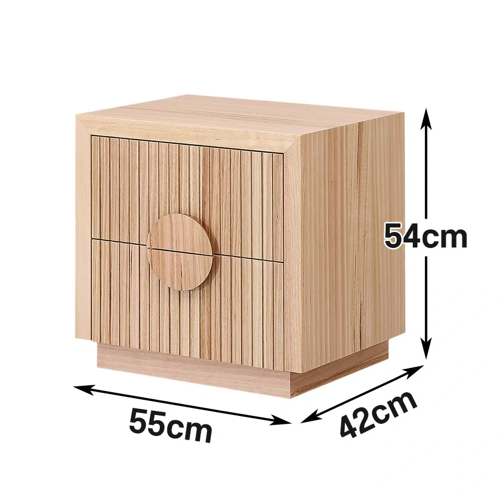 LIVARA 431 Bedside Table Solid & Veneer Ash Wood with Circular Handles Vertical Slats Two Drawers Modern Minimalist Scandinavian Style Natural Finish - Image 5