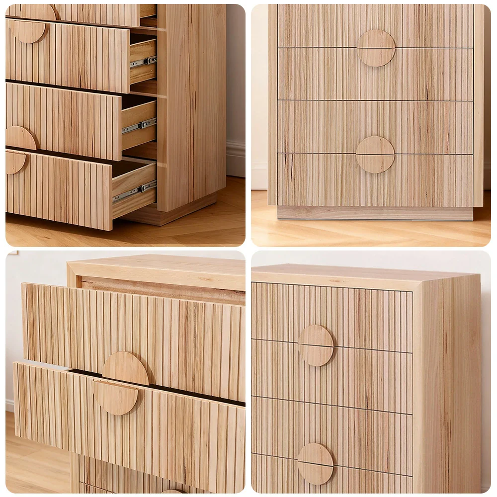 LIVARA 432 Tallboy with Solid and Veneer Ash Wood, Circular Handles, Vertical Slats, Four Drawers and Natural Finish - Image 3