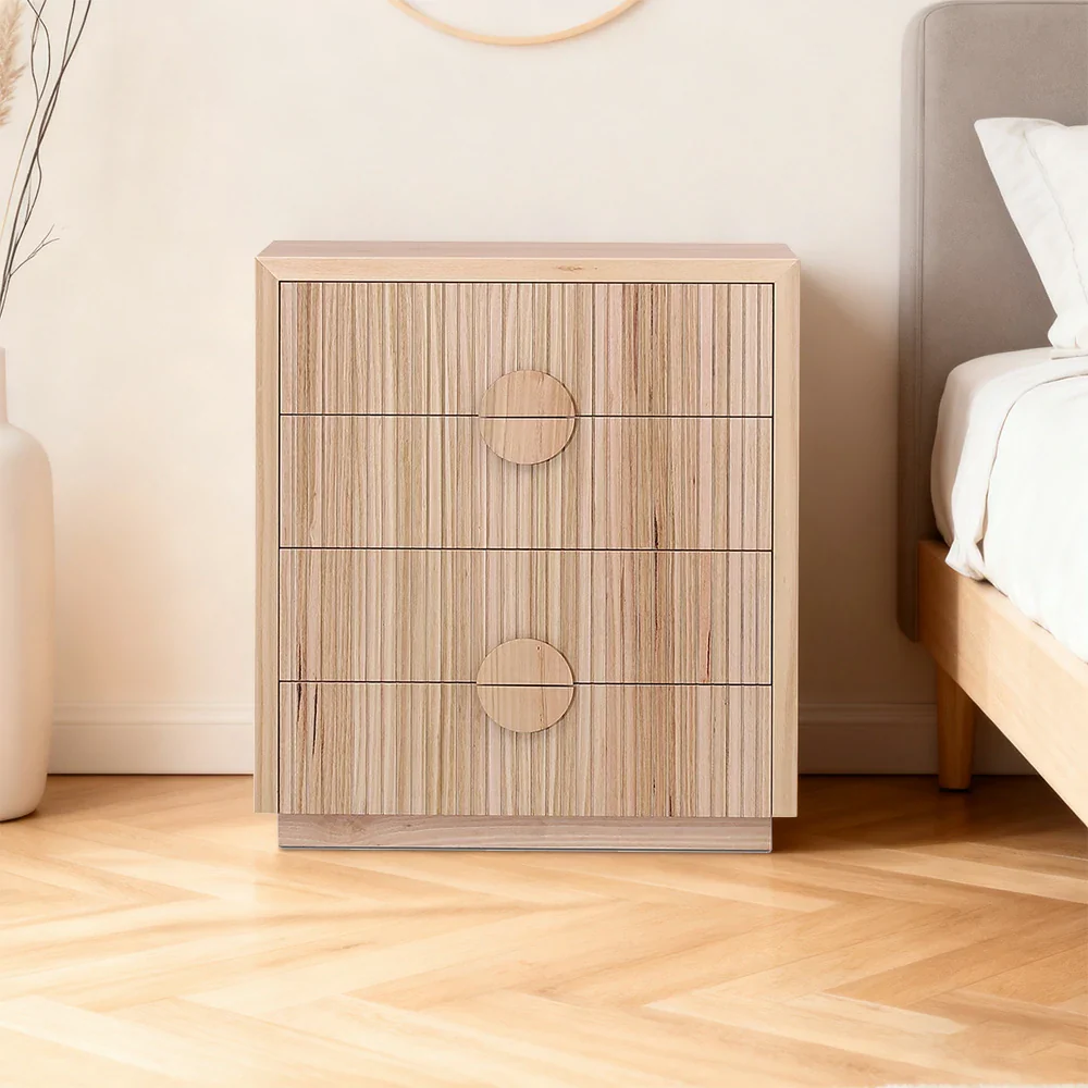 LIVARA 432 Tallboy with Solid and Veneer Ash Wood, Circular Handles, Vertical Slats, Four Drawers and Natural Finish - Image 4