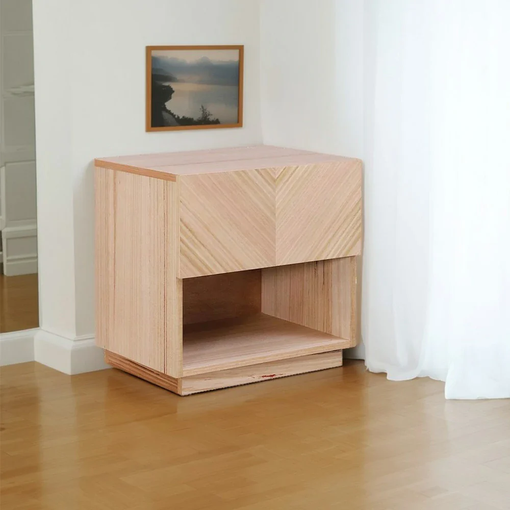 LIVARA 448 Bedside Table - V-Shaped Drawer Design - Premium Ash Veneer - Open Shelf Storage - Sleek Modern Style - Natural Wood Finish - Image 2