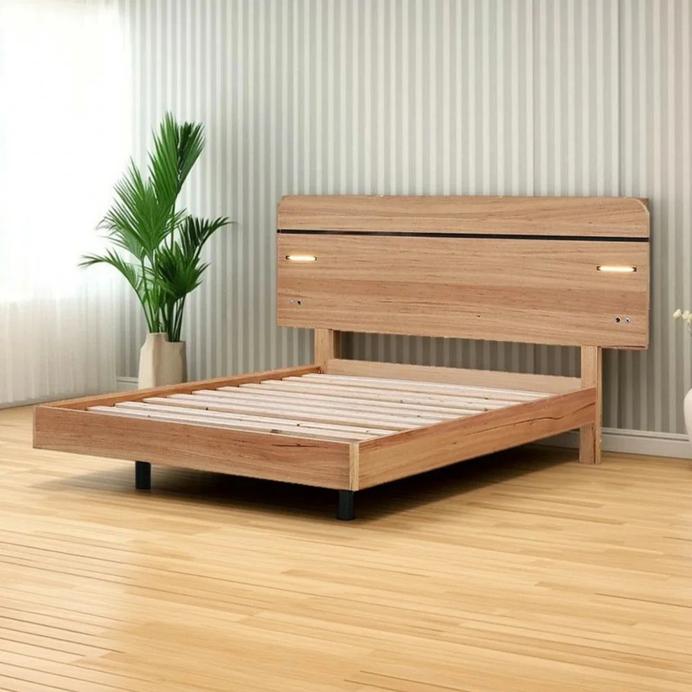 LIVARA 451 Queen Bed Frame - Blackbutt Veneer - Rounded Corners - LED Ambient Lighting - Minimalist Scandinavian Style - Natural Wood Finish - Image 2