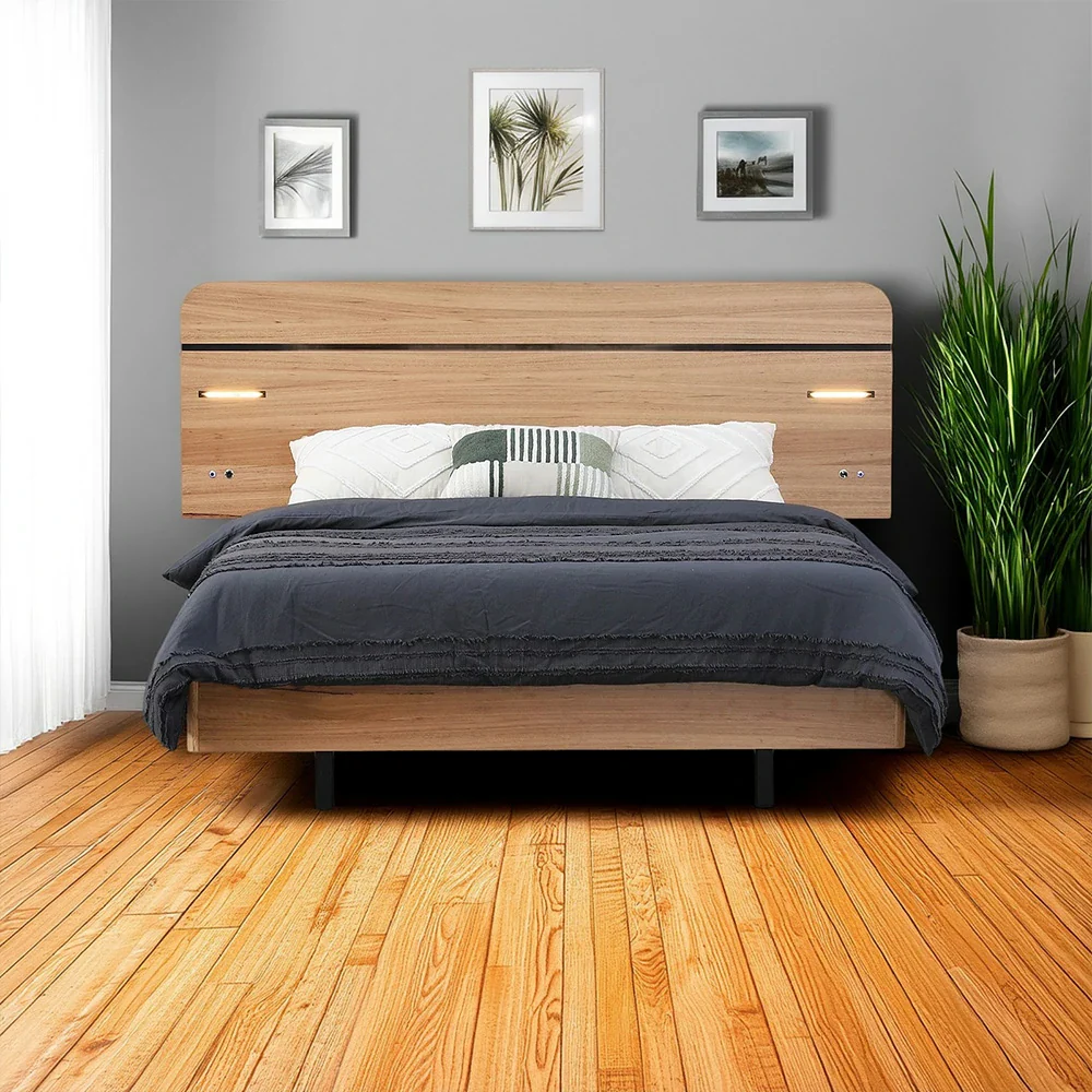 LIVARA 451 Queen Bed Frame - Blackbutt Veneer - Rounded Corners - LED Ambient Lighting - Minimalist Scandinavian Style - Natural Wood Finish - Image 3
