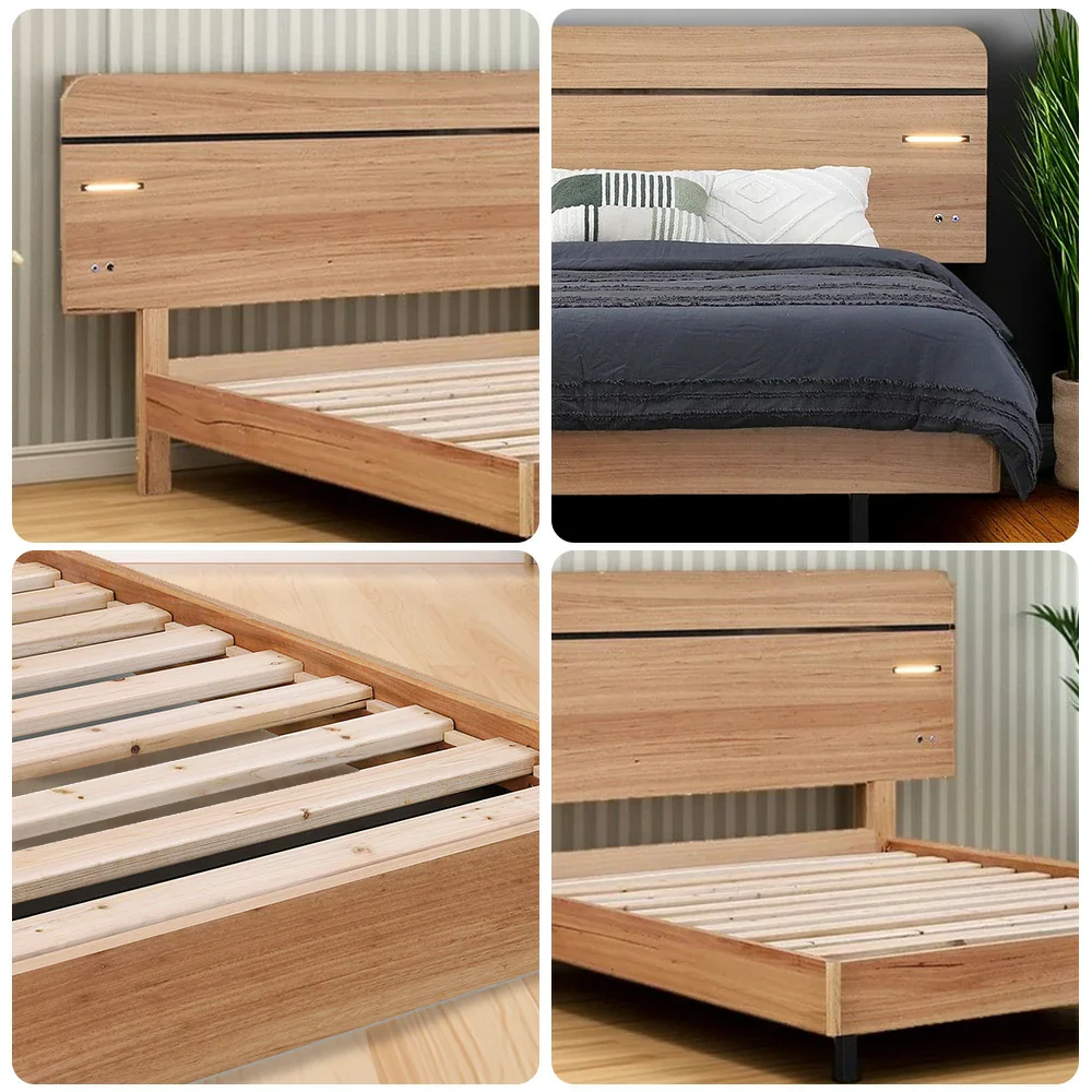 LIVARA 451 Queen Bed Frame - Blackbutt Veneer - Rounded Corners - LED Ambient Lighting - Minimalist Scandinavian Style - Natural Wood Finish - Image 4