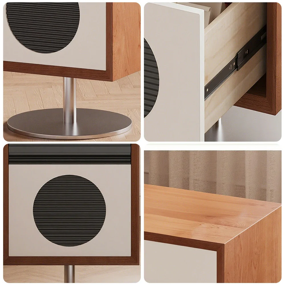 LIVARA 8801 Solid Wood Bedside Table Flip Drawer with Translucent Acrylic, Rotating Stainless Steel Accents - Wood and White - Image 3