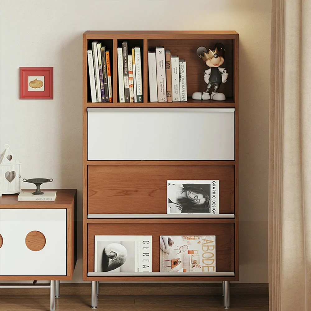 LIVARA 9807 Solid Wood Veneer Storage Cabinet, Flip-Up & Drop-Down Doors with Dual Drawers, Stainless Steel Legs - Wood and White - Image 2