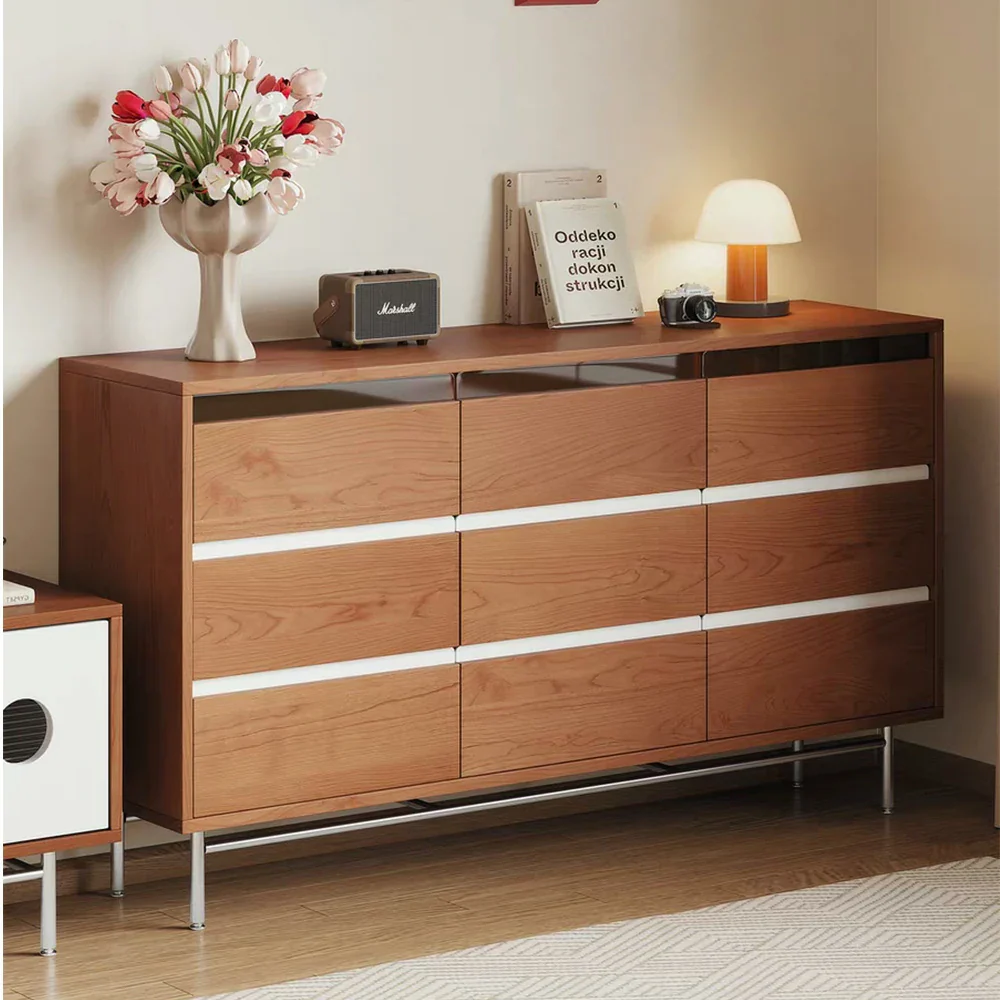 LIVARA 8808 Solid Wood Storage Cabinet 65/120/160cm, Soft-Close Tracks, Stainless Steel Legs, Modern Design - Wood and White - Image 12