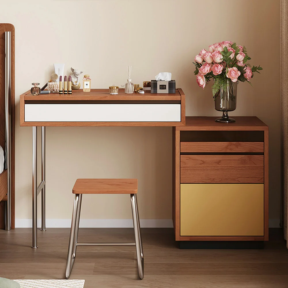 LIVARA 8812 Solid Wood Vanity Table, Rubberwood With Cherry Veneer, Stainless Steel Legs, Soft-Close Drawers, Extendable Tabletop - Wood - Image 2