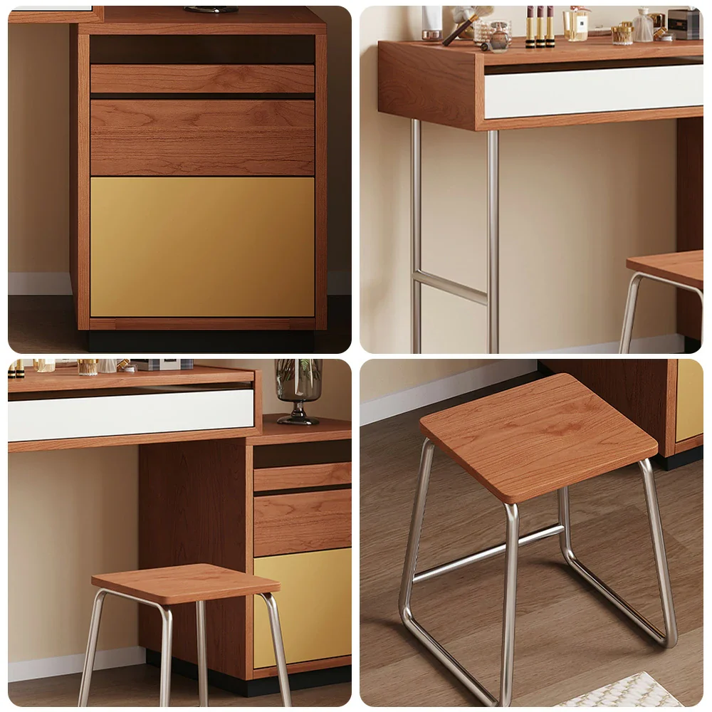 LIVARA 8812 Solid Wood Vanity Table, Rubberwood With Cherry Veneer, Stainless Steel Legs, Soft-Close Drawers, Extendable Tabletop - Wood - Image 3
