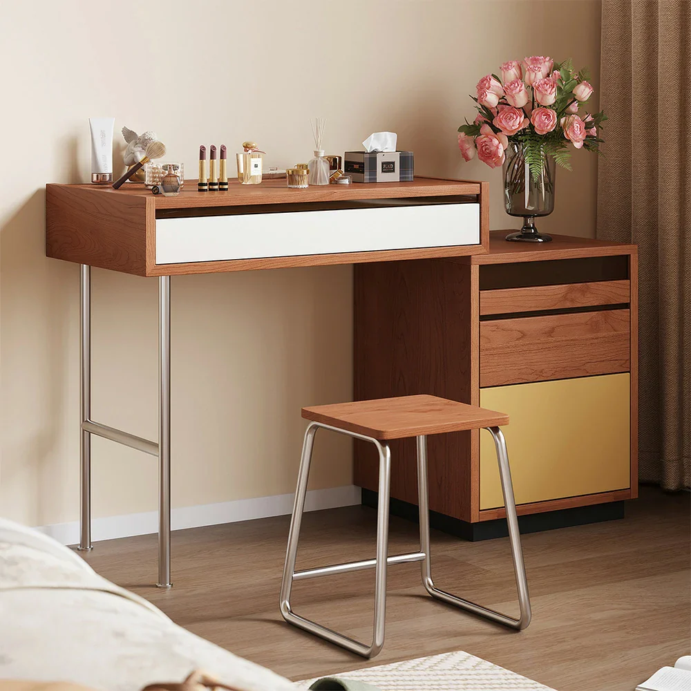 LIVARA 8812 Solid Wood Vanity Table, Rubberwood With Cherry Veneer, Stainless Steel Legs, Soft-Close Drawers, Extendable Tabletop - Wood - Image 4