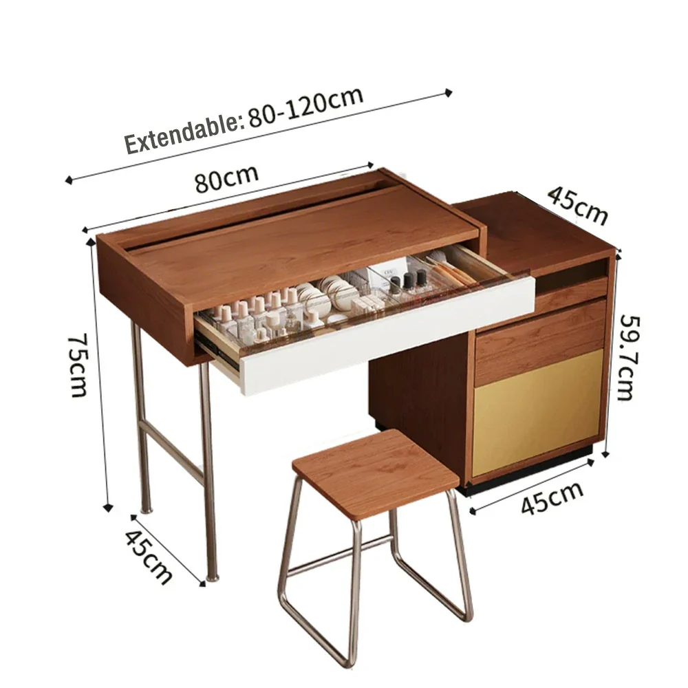 LIVARA 8812 Solid Wood Vanity Table, Rubberwood With Cherry Veneer, Stainless Steel Legs, Soft-Close Drawers, Extendable Tabletop - Wood - Image 5