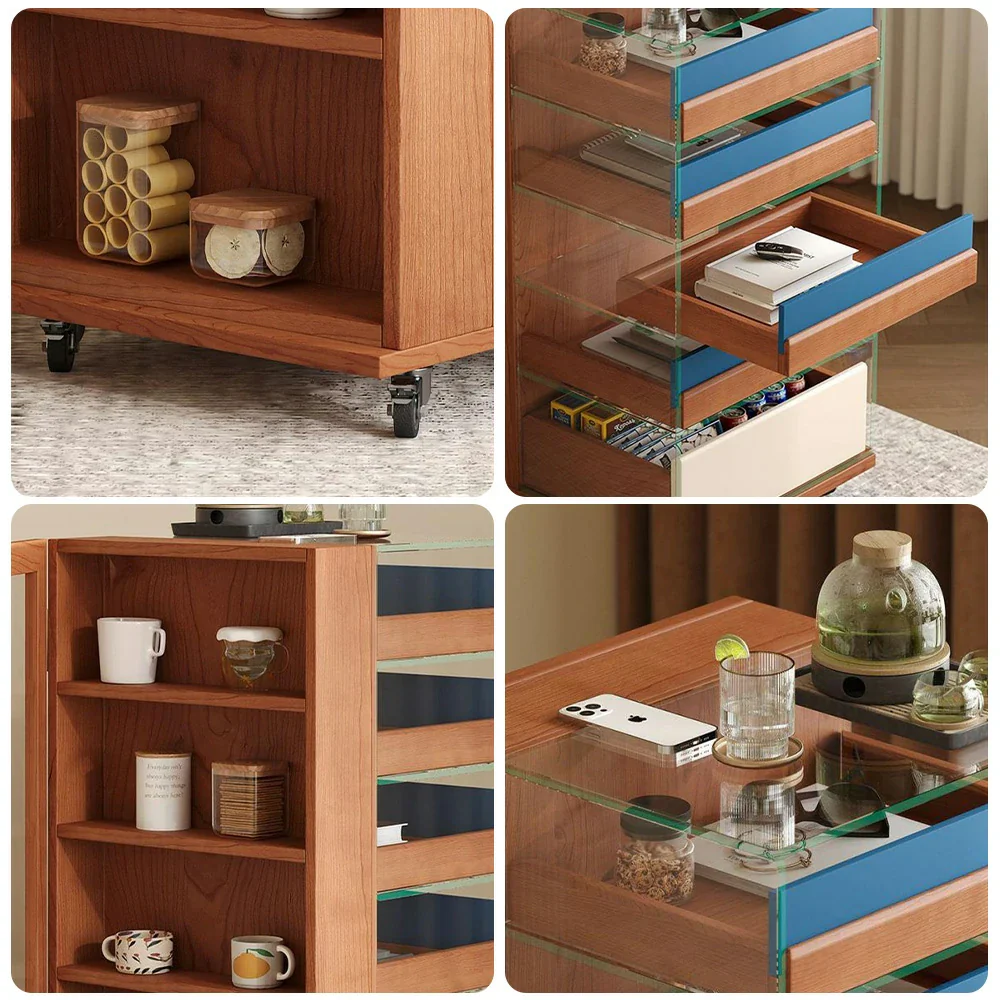 LIVARA 8813 Solid Wood Storage Cabinet, Rubberwood with Cherry Veneer, 12mm Transparent Glass Frame, 5 Colourful Drawers, Silent Casters - Wood and Blue - Image 3