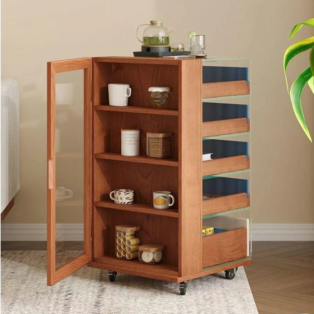 LIVARA 8813 Solid Wood Storage Cabinet, Rubberwood with Cherry Veneer, 12mm Transparent Glass Frame, 5 Colourful Drawers, Silent Casters - Wood and Blue - Image 4